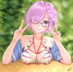  1girl arms_on_table bare_shoulders black-framed_eyewear blue_shirt blurry blurry_background breast_rest breasts cleavage collarbone double_v fate/grand_order fate_(series) glasses hair_over_one_eye head_tilt highres large_breasts looking_at_viewer mash_kyrielight off-shoulder_shirt off_shoulder purple_eyes purple_hair shirt short_hair signature solo swimsuit swimsuit_of_perpetual_summer_ver.02 table upper_body v yayanri 