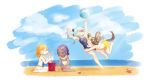  4girls absurdres animal_ears beach blonde_hair blush brown_hair bucket coco_mercury crab dog_ears dog_girl dog_tail dutch_girl_(last_origin) full_body hachiko_of_castling highres hug kbn317 last_origin light_blue_hair lrl multicolored_hair multiple_girls one-piece_swimsuit orange_hair purple_hair sand sand_castle sand_sculpture short_hair smile starfish swimsuit tackle tail twintails two-tone_hair volleyball water 