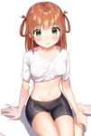  1girl bangs bike_shorts black_shorts blush breasts brown_hair crop_top eyebrows_visible_through_hair green_eyes hair_rings k_mugura long_hair looking_at_viewer midriff navel princess_connect! princess_connect!_re:dive rino_(princess_connect!) shirt short_shorts short_sleeves shorts simple_background sitting small_breasts smile solo stomach thigh_gap thighs tied_shirt wariza white_background white_shirt 