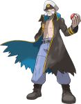 1boy artist_request belt black_coat black_eyes black_footwear blue_pants boots closed_mouth coat collarbone drake_(pokemon) elite_four facial_hair full_body hand_in_pocket hand_up hat high_collar holding holding_poke_ball legs_apart looking_at_viewer male_focus mustache navel official_art pants peaked_cap poke_ball poke_ball_(basic) poke_ball_symbol poke_ball_theme pokemon pokemon_(game) pokemon_oras solo standing stomach torn_clothes torn_coat transparent_background trench_coat two-sided_fabric white_headwear 