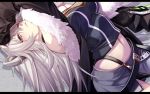  1girl ahoge animal_ears arm_up bare_shoulders belt breasts commentary_request fenrir_(fenlil0316) fur-trimmed_jacket fur_trim grey_eyes grey_hair hair_between_eyes highres hololive jacket large_breasts letterboxed lion_ears lion_girl long_hair looking_at_viewer lying midriff on_back shirt shishiro_botan skirt solo virtual_youtuber 