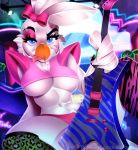  absurd_res accessory amanddica avian big_breasts bird blue_eyes bodypaint breasts chicken clothing face_paint feathers female five_nights_at_freddy&#039;s:_security_breach galliform gallus_(genus) glamrock_chica_(fnaf) guitar hair_accessory hair_bow hair_ribbon hi_res legwear musical_instrument phasianid piercing plucked_string_instrument ribbons stockings string_instrument under_boob white_body white_feathers 