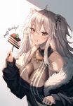  1girl absurdres ahoge animal_ears bare_shoulders black_nails breasts cake cleavage eating eyebrows_visible_through_hair food fork fur-trimmed_jacket fur_trim grey_eyes grey_hair hair_between_eyes happy_birthday highres hololive huge_filesize jacket jewelry large_breasts lion_ears lion_girl long_hair long_sleeves looking_at_viewer mazeru_(oekaki1210) necklace shirt shishiro_botan simple_background solo virtual_youtuber wavy_mouth white_background 