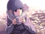  1girl blue_hair cardigan commentary cup dated holding holding_cup horikou mug purple_eyes scarf shima_rin solo steam yurucamp 