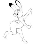  2020 anthro buckteeth butt dancing dipstick_ears disney eyes_closed female flat_chested fur judy_hopps lagomorph leporid mammal monochrome multicolored_ears nude open_mouth open_smile rabbit simple_background smile solo spoof_(artist) teeth tongue tongue_out white_background zootopia 