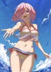  1girl :d ass_visible_through_thighs bare_shoulders bikini blue_sky blush breasts cloud collarbone day eyes_visible_through_hair fate/grand_order fate_(series) hair_over_one_eye highres komodai large_breasts looking_at_viewer mash_kyrielight midriff navel ocean open_mouth outstretched_hand purple_eyes rainbow_bikini see-through short_hair sky smile solo swimsuit swimsuit_of_perpetual_summer_ver.02 thigh_gap water 