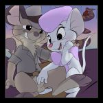  1:1 2015 anthro anthro_on_anthro balls bernard_(the_rescuers) black_border border bottomless brown_body brown_fur clothed clothing dipodomyine disney don_bluth duo_focus female fur genitals grin group heteromyid jake_(the_rescuers) kangaroo_mouse male male/female mammal miss_bianca_(the_rescuers) mouse murid murine open_mouth open_smile penis penis_grab reptile rodent scalie shirt siroc sitting smile snake the_rescuers_(disney) the_rescuers_down_under topwear white_body 