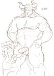  anthro balls big_muscles bovid bovine cattle curtis_wuedti duo ear_tag facial_piercing genitals hands_on_hips hi_res horn human male mammal measuring_penis monochrome muscular nose_piercing nose_ring nude pecs penis piercing pubes size_difference sketch tall tape_measure 