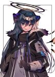  1girl arknights bangs black_border black_gloves black_jacket black_shirt blue_eyes blue_hair border clenched_hand commentary_request cowboy_shot eyebrows_visible_through_hair gloves halo head_tilt hood hood_down hooded_jacket horns jacket long_hair long_sleeves looking_at_viewer mostima_(arknights) open_clothes open_jacket open_mouth shiny shiny_hair shirt sidelocks smile solo soukou_makura unzipped white_background white_gloves wings 