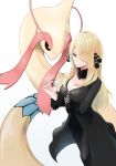  1girl absurdres arm_under_breasts black_dress black_legwear blonde_hair blush breasts cleavage closed_mouth collarbone commentary_request cowboy_shot cynthia_(pokemon) dress fur_collar gen_3_pokemon gen_4_pokemon grey_eyes hair_ornament hair_over_one_eye hand_up highres holding holding_poke_ball large_breasts long_hair long_sleeves looking_at_viewer milotic poke_ball poke_ball_(basic) pokemon pokemon_(creature) red_eyes simple_background smile standing very_long_hair white_background yuuge_ningen zipper_pull_tab 