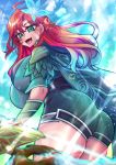  artist_name ass belt bow breasts cape defense_of_the_ancients dota_2 fangs flower gauntlets green_eyes hair_flower hair_ornament highres huge_breasts looking_at_viewer looking_back open_mouth osiimi red_hair smile thighhighs tongue weapon windranger_(dota) zettai_ryouiki 
