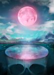  animal cloud cloudy_sky dripping fish fog highres maddoze moon mountain no_humans original outdoors pink_moon reflection scenery signature skull sky surreal tree water 