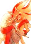  1boy 1girl absurdres blonde_hair closed_eyes closed_mouth commentary_request fur gloves highres long_hair maria_robotnik outsuki red_eyes red_scarf scarf shadow_the_hedgehog simple_background smile sonic_the_hedgehog super_shadow sweater white_background white_gloves 