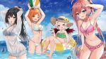  4girls :d ;d absurdres ahoge akino_ell arm_up armpits arms_up ball bare_shoulders beachball bikini black_bikini black_hair blue_eyes bow breasts brown_headwear character_request cleavage cloud collarbone day fang frilled_bikini frills front-tie_bikini front-tie_top gradient_hair green_eyes hair_bow hair_tie_in_mouth halterneck hat highres holding innertube jacket large_breasts long_hair long_sleeves looking_at_viewer mouth_hold multicolored_hair multiple_girls navel one_eye_closed open_mouth orange_hair outdoors pental pink_eyes ponytail red_hair see-through short_hair sky smile stomach straw_hat string_bikini striped striped_bikini swimsuit thighs twintails usui_pomu wading water wet_jacket white_hair white_jacket 