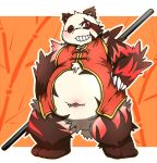  2010 anthro belly chiro_(artist) fanfan fur giant_panda kemono male mammal navel one_eye_closed overweight overweight_anthro overweight_male red_body red_fur scar solo ursid weapon white_body white_fur wink 