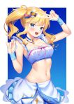  1girl :d arm_up bandeau bangs bare_shoulders blonde_hair blue_choker blue_eyes bow breasts choker cleavage cowboy_shot crop_top eyebrows_visible_through_hair frills hair_bow hand_up highres idolmaster idolmaster_cinderella_girls jewelry k_mugura long_hair looking_at_viewer medium_breasts midriff navel necklace ootsuki_yui open_mouth revealing_clothes side_ponytail sidelocks skirt sleeveless smile solo stomach two-tone_background white_skirt wrist_cuffs 