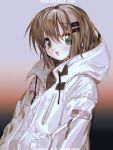  1girl brown_hair character_name copyright_name down_jacket eyebrows_visible_through_hair gradient gradient_background green_eyes hair_between_eyes hair_ornament hairclip jacket short_hair smile unxi white_jacket yama_no_susume yukimura_aoi zipper 