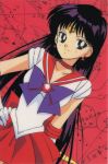  1990s_(style) 1girl bishoujo_senshi_sailor_moon black_eyes choker earrings elbow_gloves gloves hino_rei inner_senshi jewelry looking_at_viewer official_art pleated_skirt red_neckwear red_sailor_collar red_skirt sailor_collar sailor_mars sailor_senshi skirt smile star_(symbol) star_earrings tiara 