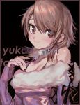  1girl black_background breasts brown_eyes brown_hair character_name collar collarbone fur_trim highres laces medium_hair off_shoulder persona persona_3 persona_4 ribbon shiny shiny_clothes sleeves_past_wrists smile takeba_yukari unxi 