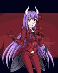  1girl bb_(fate)_(all) bb_(fate/extra_ccc) beelzebub_(helltaker) black_tail bug burbur business_suit cosplay demon_girl demon_horns demon_tail english_text fake_screenshot fate/extra fate/extra_ccc fate/grand_order fate_(series) fly formal gloves hair_between_eyes hair_ribbon hands_up helltaker highres horns insect long_hair long_sleeves looking_at_viewer parody purple_eyes purple_hair red_suit ribbon smile solo style_parody suit tail vanripper_(style) visual_novel waistcoat white_horns 