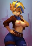  activision anthro atsuii bandicoot belt blonde_hair breasts clothed clothing crash_bandicoot_(series) curvy_figure digital_media_(artwork) exposed_breasts female hair hi_res jacket looking_at_viewer mammal marsupial nipples open_clothing open_jacket open_topwear orange_body pirate_tawna simple_background smile smirk solo tawna_bandicoot thick_thighs topwear undercut video_games 
