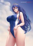  1girl alternate_color artist_name blue_eyes blue_hair blue_swimsuit breasts competition_swimsuit dakkalot fire_emblem fire_emblem_awakening floating_hair gold_hairband hairband large_breasts long_hair looking_down lucina_(fire_emblem) one-piece_swimsuit pursed_lips sky solo swimsuit 