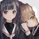  2girls absurdres black_eyes black_hair brown_hair cardcaptor_sakura close-up daidouji_tomoyo head_tilt highres kinomoto_sakura leaning_on_person long_hair looking_to_the_side mile_(mil2) multiple_girls open_mouth school_uniform serafuku short_hair yellow_eyes 