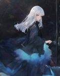  1girl bangs black_robe blue_eyes commentary_request floating_hair highres holding key kisei2 long_hair long_sleeves looking_at_viewer looking_to_the_side night night_sky original robe silver_hair sky solo star_(sky) starry_sky wide_sleeves 