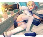  1girl ass bag bangs black_skirt blonde_girl_(itou) blonde_hair blue_bow blue_eyes blue_neckwear blush bow bowtie breasts brown_gloves cartridge cleavage day dutch_angle eyebrows_visible_through_hair firing gloves gun hair_bow holding holding_gun holding_weapon itou_(onsoku_tassha) large_breasts lying miniskirt on_side open_mouth original outdoors outstretched_arm panties pantyshot parted_bangs pleated_skirt school_bag school_uniform shirt shoe_soles shoes short_hair short_ponytail short_sleeves sidelocks skirt solo sweat thighhighs underwear upskirt uwabaki v-shaped_eyebrows weapon weapon_request white_bow white_footwear white_legwear white_panties white_shirt 