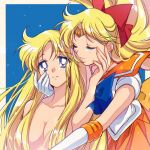  2girls aino_minako bangs bishoujo_senshi_sailor_moon blonde_hair blue_background blue_bow blue_eyes border bow breasts closed_eyes closed_mouth clothed_female_nude_female convenient_censoring dual_persona eyebrows_visible_through_hair gloves hair_bow hair_censor hair_over_breasts long_hair magical_girl multiple_girls nude orange_sailor_collar orange_skirt outside_border parted_lips pleated_skirt red_bow sailor_collar sailor_senshi_uniform sailor_venus skirt suzuki_(2red_moon3) teenage tiara white_border white_gloves 