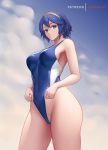  1girl alternate_hairstyle artist_name blue_eyes blue_hair breasts competition_swimsuit dakkalot fire_emblem fire_emblem_awakening gold_hairband hairband large_breasts looking_down lucina_(fire_emblem) one-piece_swimsuit pursed_lips short_hair sky solo swimsuit 