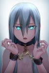  1girl blue_eyes chain collar commentary_request cuffs d: eyebrows_visible_through_hair fingernails hair_between_eyes hair_censor highres kis_sako long_fingernails long_hair looking_at_viewer open_mouth original restrained silver_hair simple_background teeth 