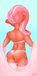  1boy absurdres ass asymmetrical_hair asymmetrical_legwear back bare_shoulders blue_background combos_&amp;_doodles commentary dark_skin earrings english_commentary from_behind heart_ring highres jewelry long_hair male_focus octarian octoling otoko_no_ko panties pink_hair pink_legwear pink_panties pointy_ears robe single_garter solo splatoon_(series) standing strapless tubetop underwear undressing 