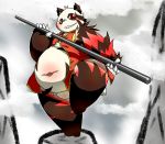  2010 anthro belly blush chiro_(artist) clothed clothing fanfan fur giant_panda kemono male mammal navel overweight overweight_anthro overweight_male red_body red_fur solo ursid weapon white_body white_fur 