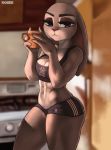  abs anthro aozee athletic beverage bottomwear bra breasts cleavage clothed clothing coffee disney eyelashes female fur grey_body grey_fur half-closed_eyes hi_res hotpants inside judy_hopps kitchen lagomorph leporid long_ears looking_at_viewer mammal muscular muscular_female muscular_thighs narrowed_eyes purple_eyes rabbit shorts solo sports_bra thick_thighs underwear zootopia 