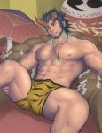  1boy abs bara beard boxers bulge chest dark_blue_hair facial_hair fang feet_out_of_frame highres horns jewelry ko_shushu male_focus manly muscle navel necklace nipples pectorals scar short_hair solo takemaru_(tokyo_houkago_summoners) thick_eyebrows thick_thighs thighs tokyo_houkago_summoners umbrella underwear underwear_only 