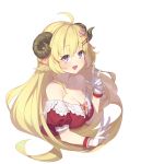  1girl :d absurdres ahoge animal_ears blonde_hair blush bow braid breasts cleavage collarbone eyebrows_visible_through_hair frostcyco gloves hair_flowing_over hair_ornament hair_over_shoulder hairclip highres hololive horns large_breasts long_hair looking_at_viewer off_shoulder open_mouth puffy_short_sleeves puffy_sleeves purple_eyes sheep_girl sheep_horns short_sleeves sidelocks simple_background smile solo tsunomaki_watame upper_body very_long_hair virtual_youtuber white_background white_gloves 