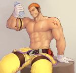  1boy abs armband bara beard blue_eyes bottle brown_hair chest facial_hair feet_out_of_frame gloves gyee ko_shushu looking_at_viewer male_focus manly multicolored_hair muscle navel nipples orange_hair pants pectorals rand_(gyee) shirtless short_hair smile solo tattoo thick_thighs thighs water_bottle yellow_pants 