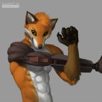  1:1 abs anthro brown_body brown_fur canid canine clothed clothing conrad_(character) fox fur geewolf looking_aside male mammal muscular muscular_anthro muscular_male orange_body orange_eyes orange_fur robotic_arm simple_background smile solo stretching topless white_body white_fur 