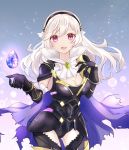  1girl armor black_hairband breasts cape cleavage corrin_(fire_emblem) corrin_(fire_emblem)_(female) fire_emblem fire_emblem_fates hairband highres long_hair open_mouth puni_y_y solo stone white_hair 