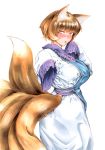  akuroporisu animal_humanoid big_breasts biped blonde_hair blush breasts canid canid_humanoid canine canine_humanoid clothed clothing dipstick_tail dress female fox_humanoid fully_clothed fur glistening glistening_hair hair hi_res humanoid inner_ear_fluff light_skin long_sleeves looking_at_viewer mammal mammal_humanoid monotone_hair multi_tail multicolored_tail open_mouth pose pupils ran_yakumo short_hair side_view simple_background slit_pupils small_waist solo standing tabard touhou traditional_media_(artwork) tuft video_games white_background white_clothing white_dress yellow_body yellow_eyes yellow_fur 