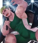  1boy bara black_hair bulge chest covered_abs facial_hair feet_out_of_frame gakuran goatee gondom green_eyes highres jacket jacket_on_shoulders male_focus manly microphone multicolored_hair muscle pectorals school_uniform short_hair solo taurus_mask thick_thighs thighs tokyo_houkago_summoners wrestling_outfit wrestling_ring 