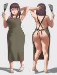  1girl :d apron ass black_hair glasses grey_background hand_behind_head highres long_hair mole mole_on_thigh mole_under_mouth mongolian_spot multiple_views naked_apron open_mouth original plump ryokucha_michi sandals shadow simple_background smile spatula standing thighs 