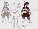  6_breasts absurd_res adventurer anthro baeowulf bomb bow breasts explosives female hi_res mammal melee_weapon model_sheet multi_breast murid murine nude poison potion_bottle rat ratfolk rodent skette_(baeowulf) solo sword weapon 