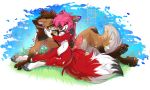  2020 4_toes 5_fingers alpha_channel anthro brown_hair canid canine digital_media_(artwork) digitigrade duo female fingers fox fur genitals grass hair knot magenta7 male mammal nude open_mouth penis pink_hair red_body red_fur smile toes tongue 