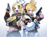  1boy 1girl :d against_fourth_wall bangs binary black_gloves blonde_hair blue_eyes blue_jacket closed_mouth commentary finger_on_trigger fingerless_gloves gloves gun hair_ornament hairclip hand_up handgun headphones highres holding holding_gun holding_weapon honeycomb_(pattern) jacket kagamine_len kagamine_rin long_sleeves looking_at_viewer midriff neckerchief open_mouth outstretched_arm panty_straps pointing pointing_at_viewer ponytail popped_collar pressing reaching_out short_hair skull_and_crossbones skull_hair_ornament smile surusuru target touchscreen upper_body vocaloid weapon white_background yellow_gloves yellow_neckerchief 