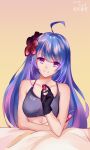  1girl absurdres ahoge azur_lane black_gloves blue_hair breasts chinese_commentary closed_mouth collarbone commentary_request crossed_arms eyebrows_visible_through_hair flower gloves hair_flower hair_ornament helena_(azur_lane) highres long_hair looking_at_viewer medium_breasts purple_eyes sex_toy single_glove smile solo sports_bra sportswear vibrator yellow_background zhadanzhawugui 