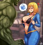  1boy 1girl 3d_background absurdres bikini bikini_top black_bikini black_eyes blue_jumpsuit blush bob_cut breasts cameltoe cleavage come_hither fallout_(series) fallout_4 green_skin heart highres jmg large_breasts licking_lips mature monster_boy muscle naughty_face navel no_pupils sexually_suggestive short_hair solo_focus strap_gap super_mutant swimsuit tongue tongue_out underboob undressing vault_girl vault_suit veins 