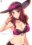  1girl artist_name breasts brown_hair chinchongcha cleavage closed_mouth dorothea_arnault fire_emblem fire_emblem:_three_houses fire_emblem_heroes green_eyes hat highres long_hair simple_background solo swimsuit upper_body 