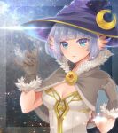  1girl bangs blue_eyes blue_hair blue_wings blunt_bangs breasts brooch brown_cape brown_gloves cape commentary crescent crescent_hat_ornament dress eyebrows_visible_through_hair fur-trimmed_cape fur-trimmed_gloves fur_trim gloves hat hat_ornament head_wings high_wizard_(ragnarok_online) highres holding holding_wand jewelry kotoharu looking_at_viewer magic_circle medium_breasts open_mouth orange_wings purple_headwear ragnarok_online ragnarok_origin short_hair solo strapless strapless_dress two-tone_wings upper_body wand white_dress wings witch_hat 